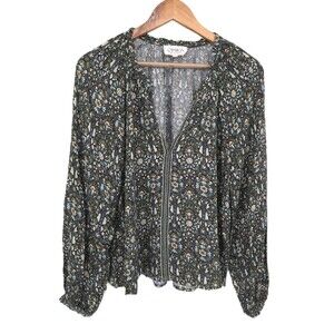 Omika Blouse XS Women's Long Sleeve Boho Green Floral Peasant V-neck Top